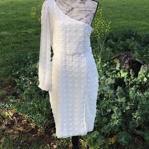 CBR White Asymmetrical Swiss Dot One-Shoulder Bishop Sleeve Dress